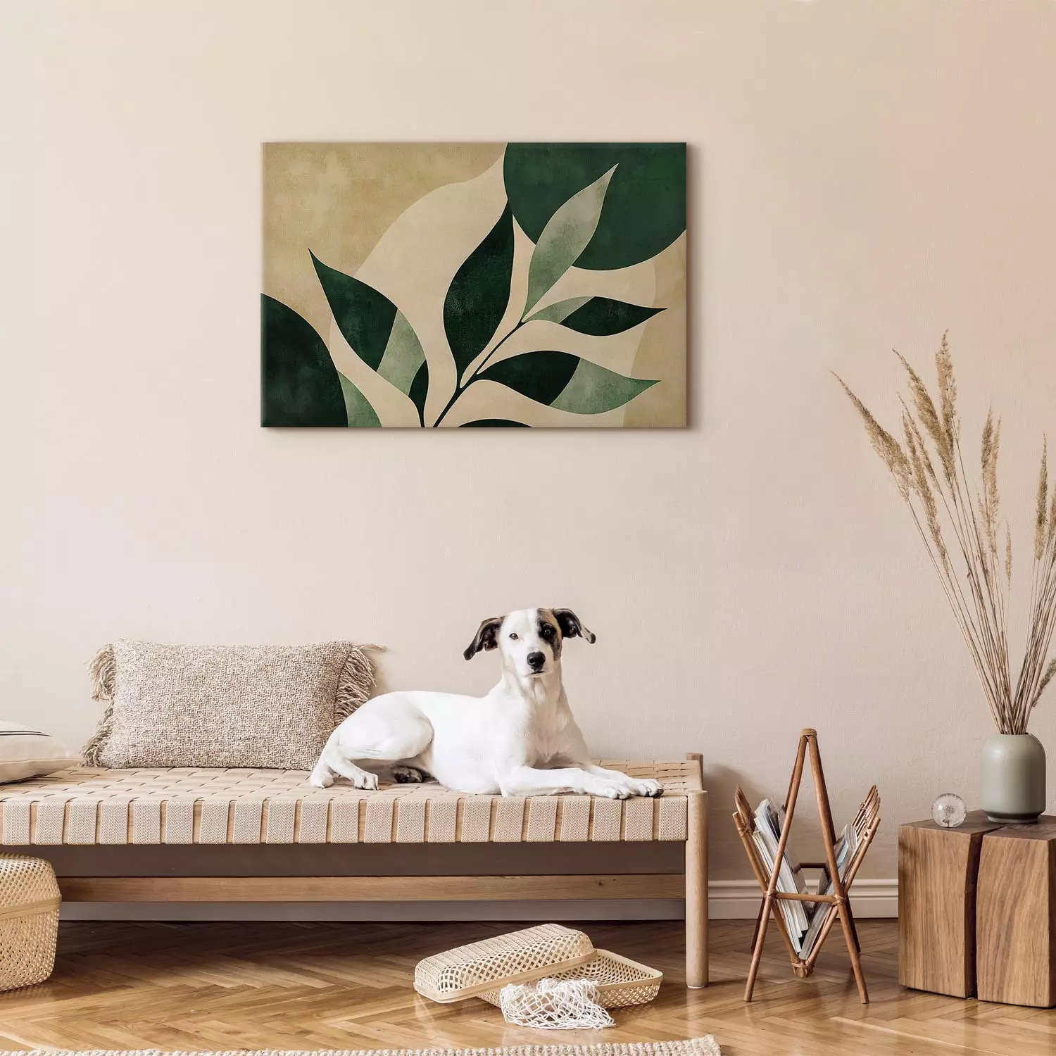 Canvas Art Print Trembling leaves - a mid-century style composition in shades of deep green