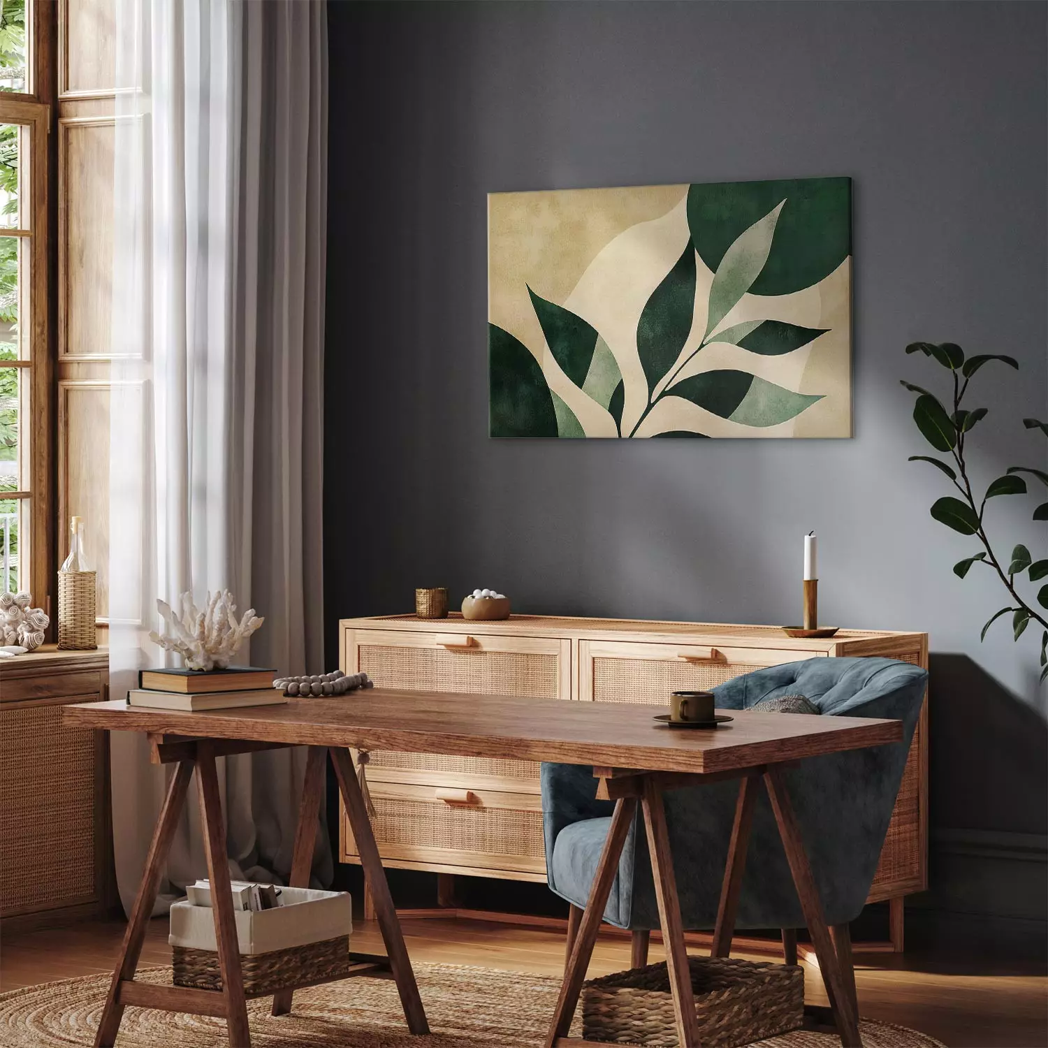 Canvas Art Print Trembling leaves - a mid-century style composition in shades of deep green