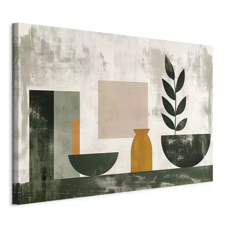 Geometric still life with a bowl - minimalist painting of figures in muted colors