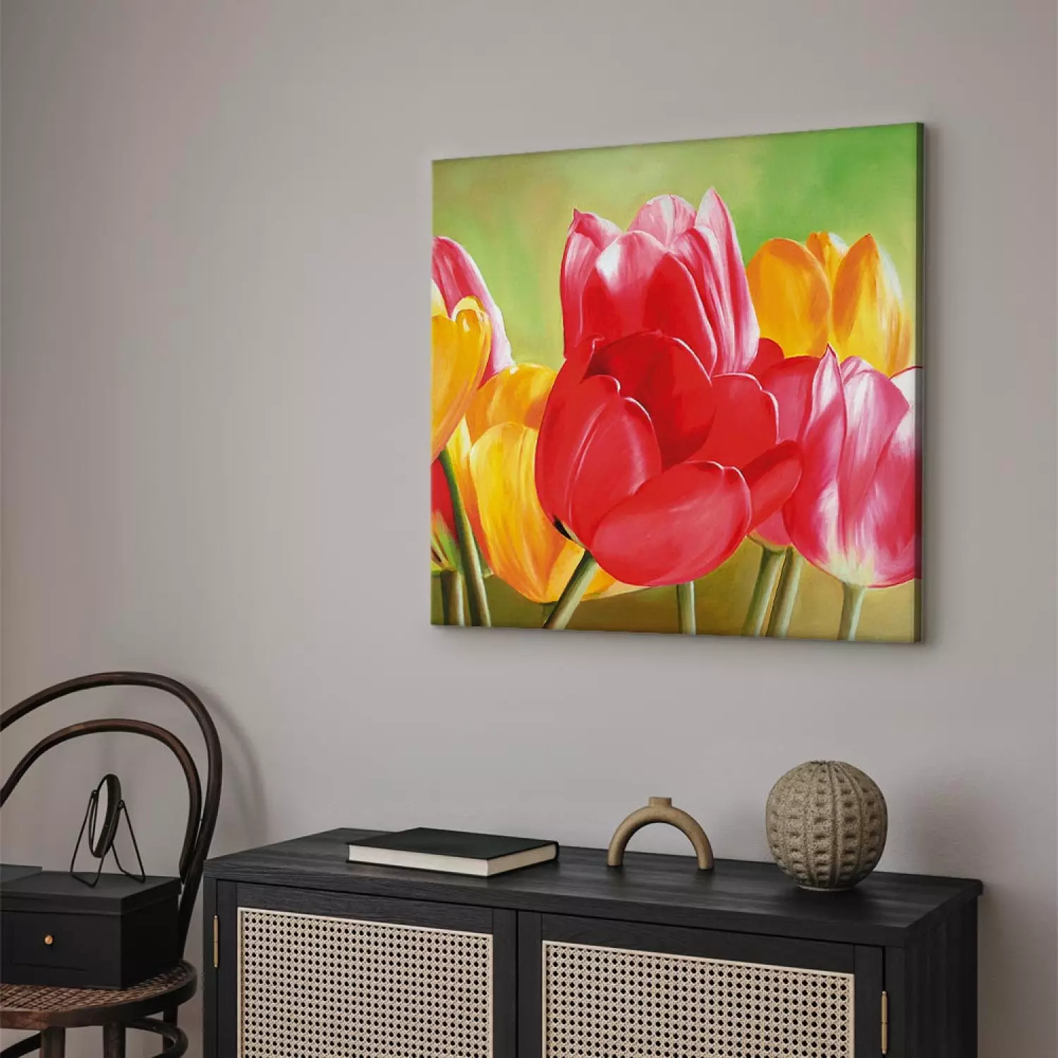 Canvas Freshness of Tulips - Colourful flowers on a green background