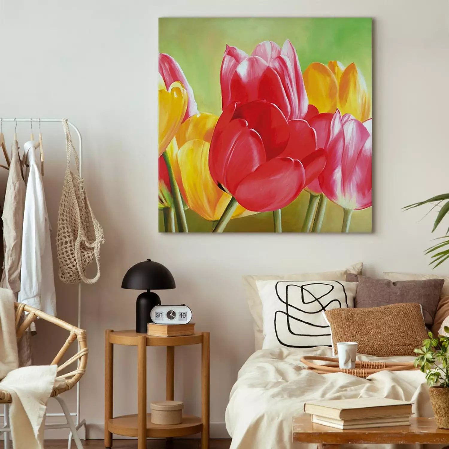 Canvas Freshness of Tulips - Colourful flowers on a green background