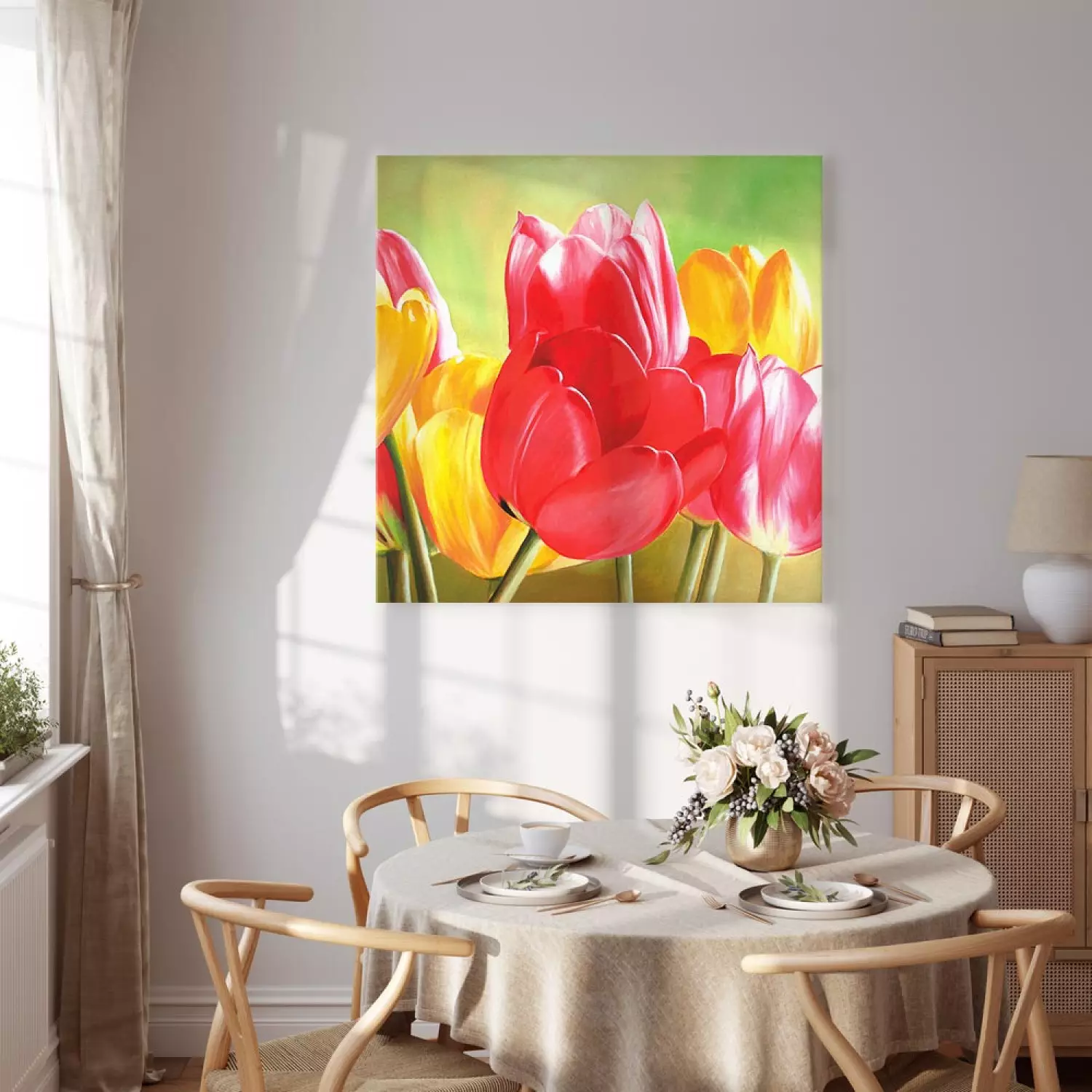 Canvas Freshness of Tulips - Colourful flowers on a green background