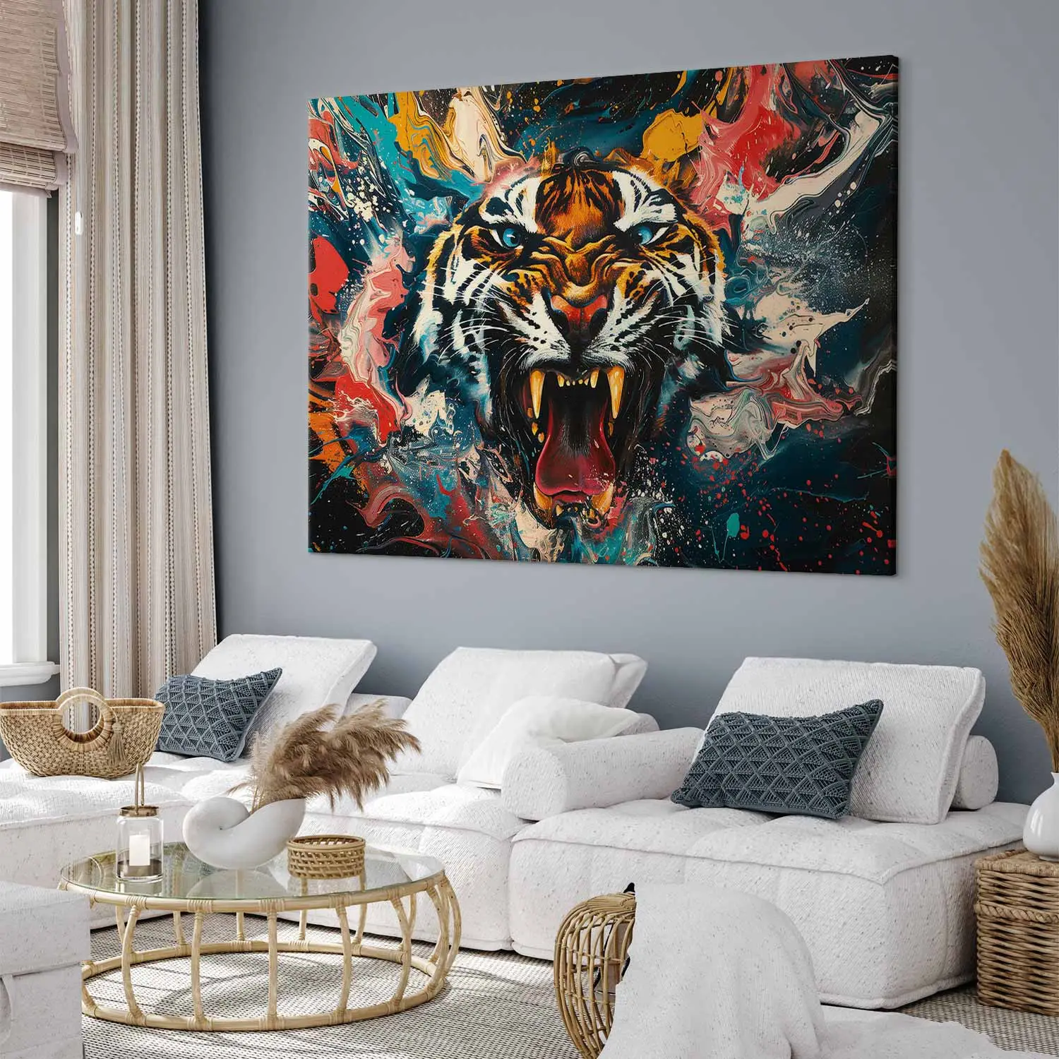 Large XXL print Wild cat - expressive painting with color spots in