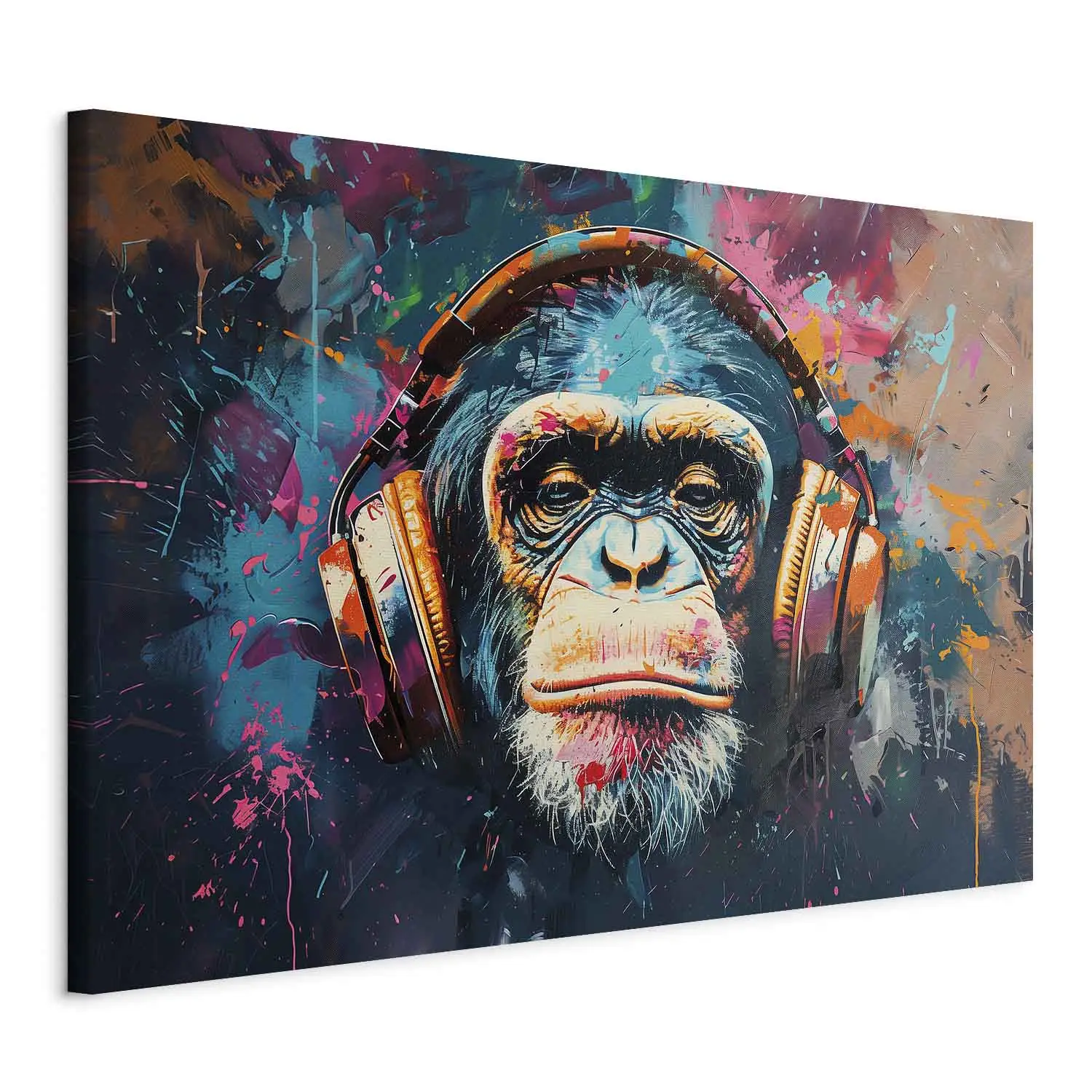 XXL canvas print DJ portrait - chimpanzee in colorful headphones