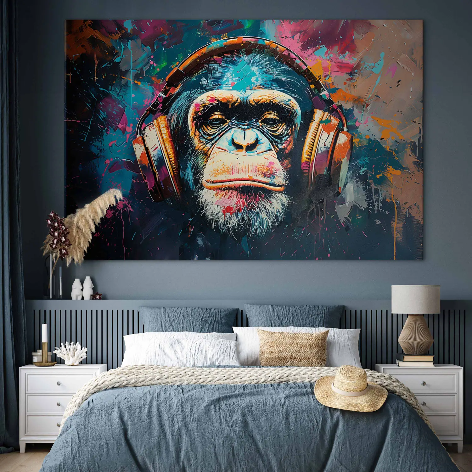 XXL canvas print DJ portrait - chimpanzee in colorful headphones