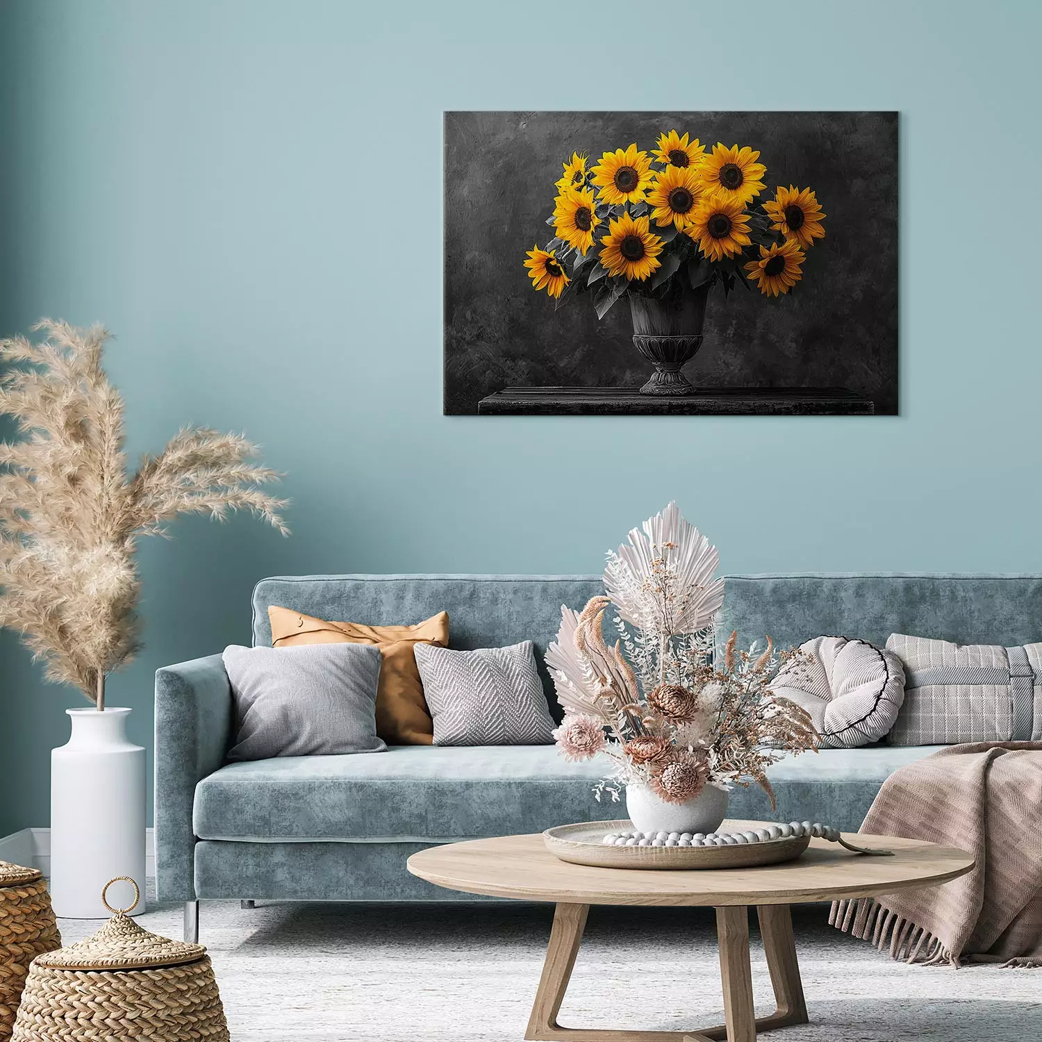 Canvas Yellow flowers - sunflowers on a black and white distressed background