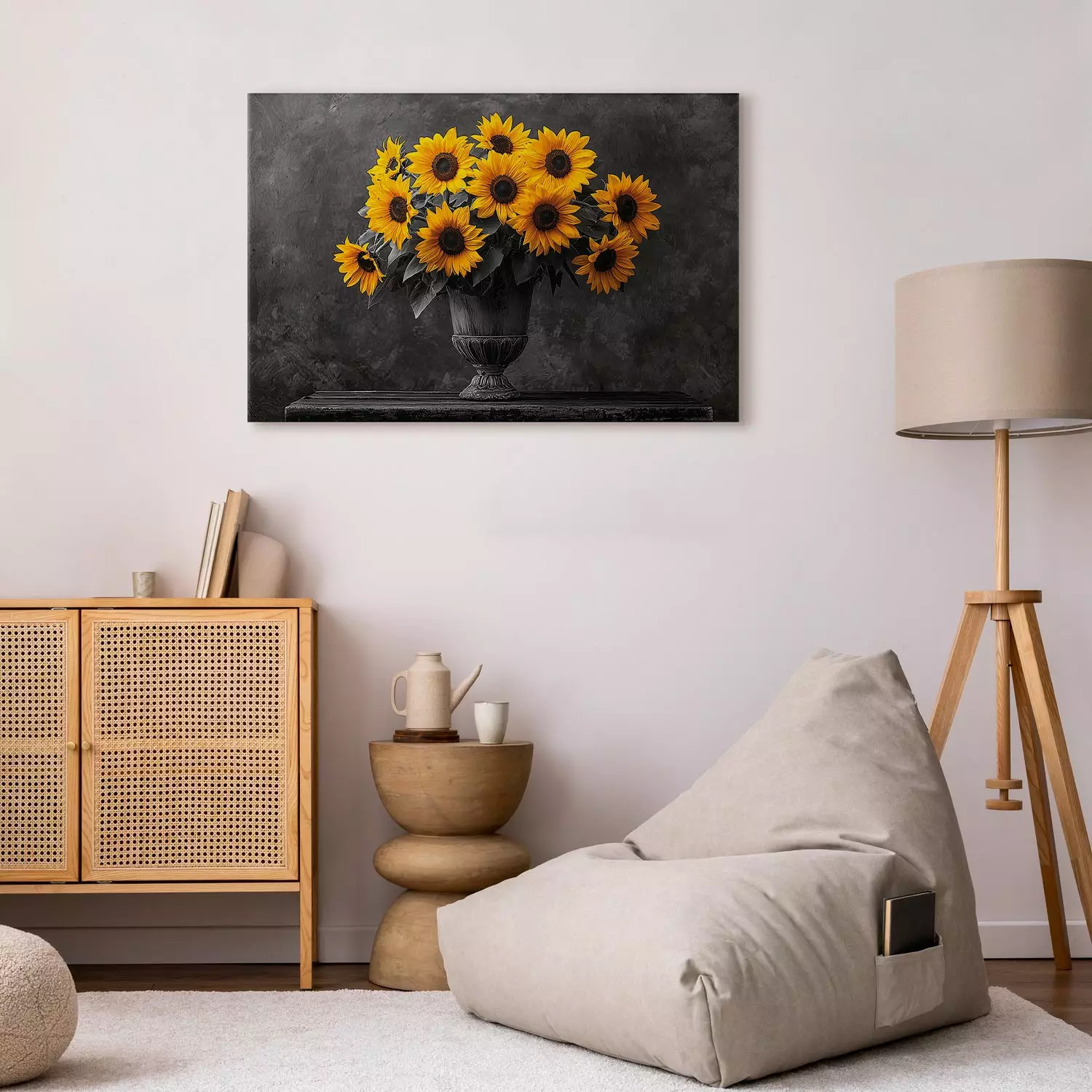 Canvas Yellow flowers - sunflowers on a black and white distressed background