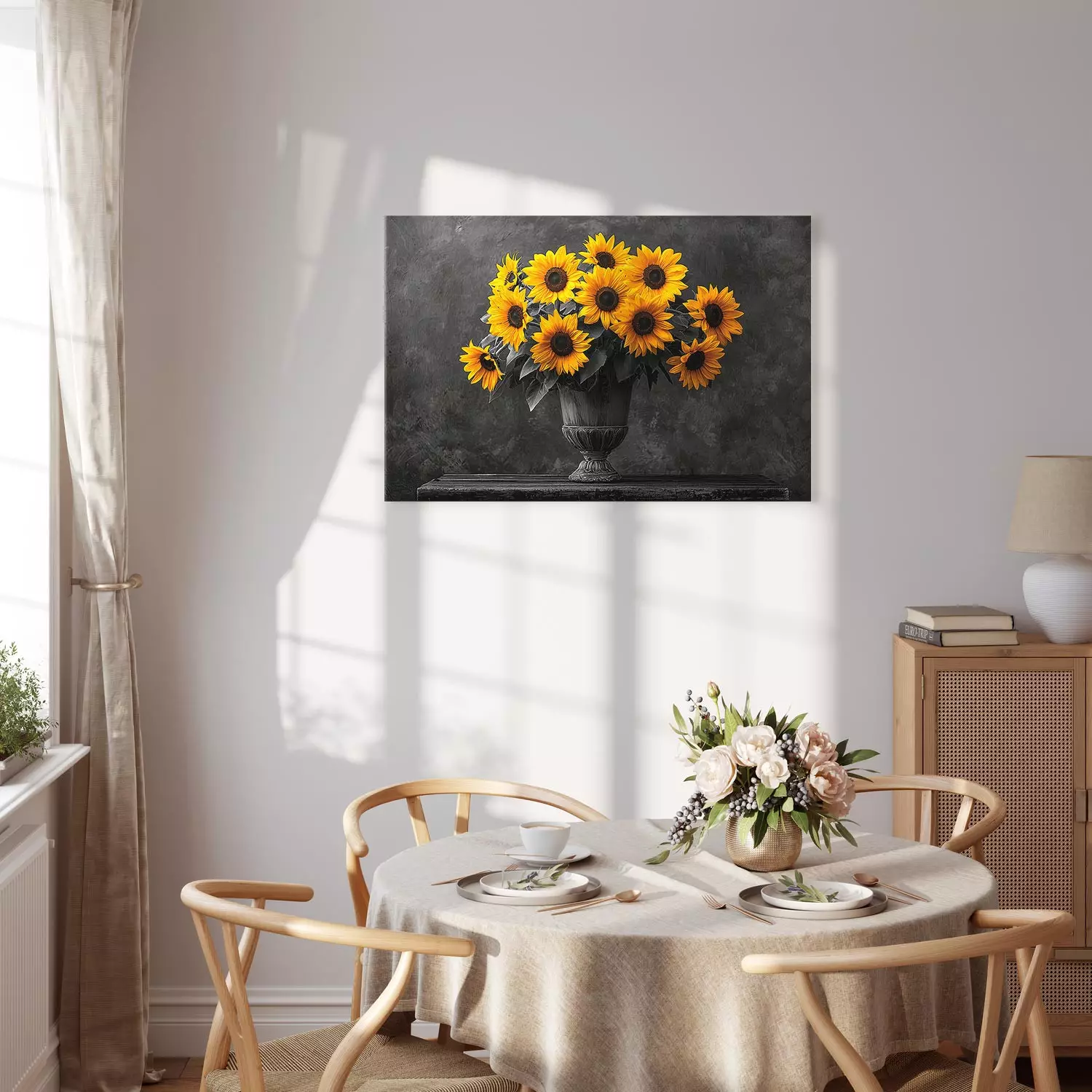 Canvas Yellow flowers - sunflowers on a black and white distressed background