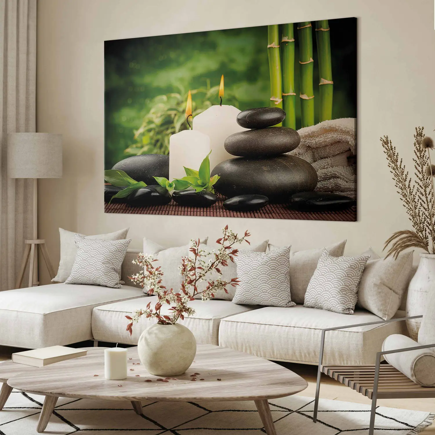 Large XXL print Harmony and zen - candles, bamboo and stones in a