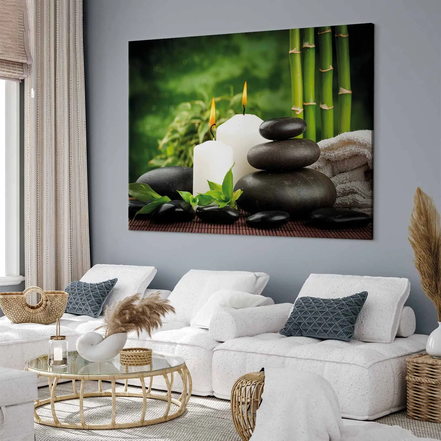 Large XXL print Harmony and zen - candles, bamboo and stones in a