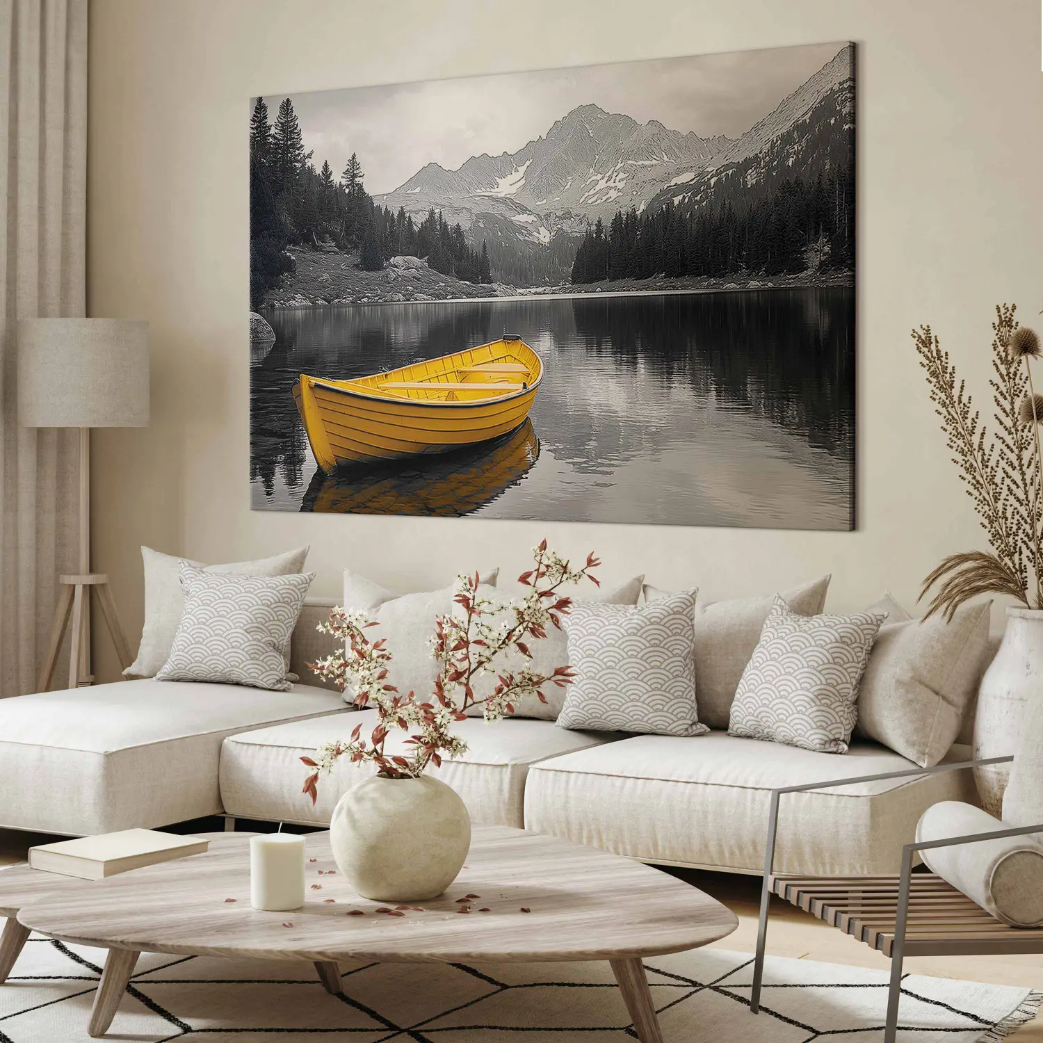 XXL canvas print Mountain haven - a yellow boat on a calm lake