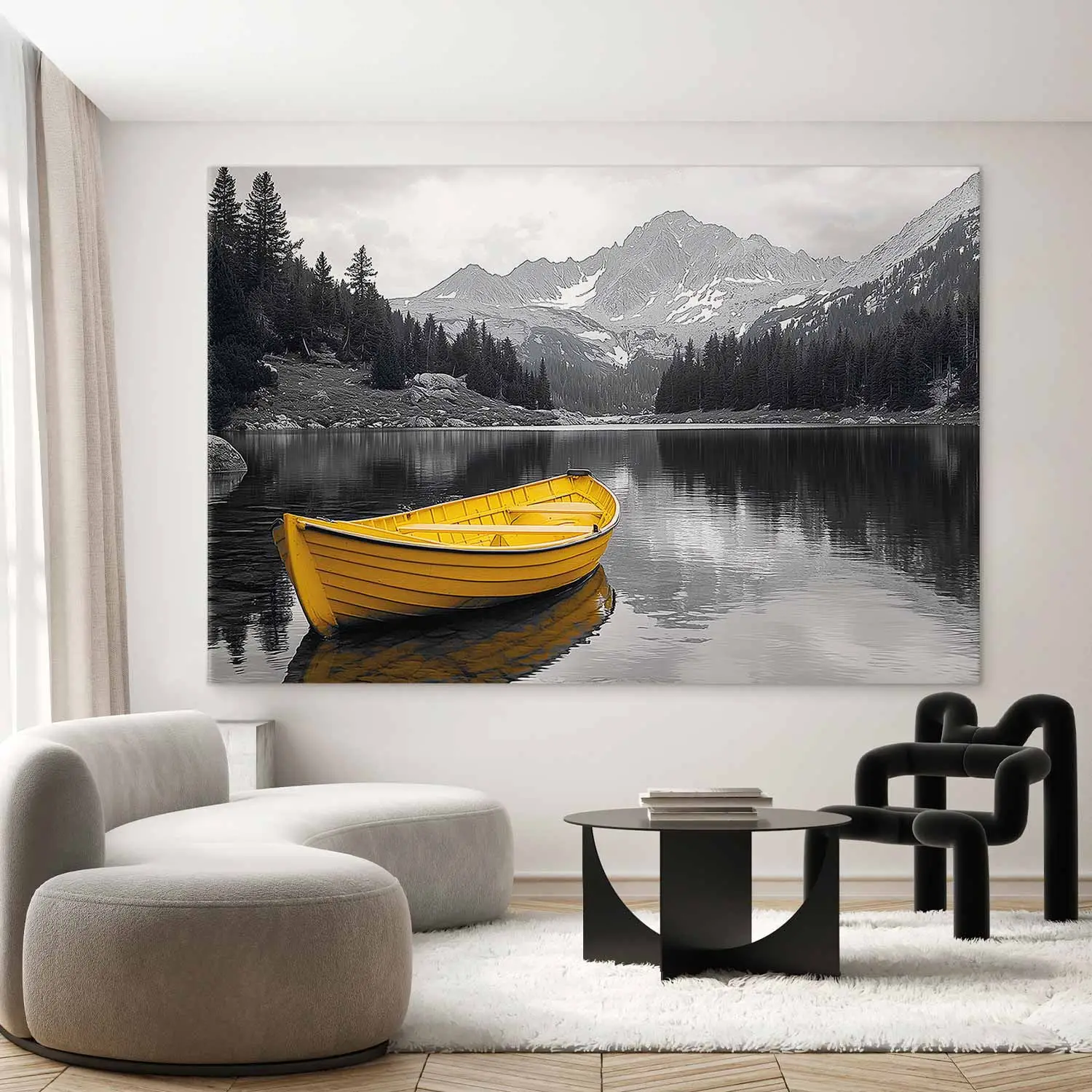 XXL canvas print Mountain haven - a yellow boat on a calm lake