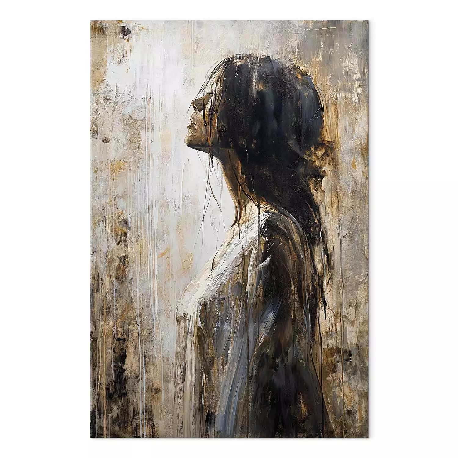Large canvas print Held Breath - Expressive Portrait of a Woman in Shades of Brown and White