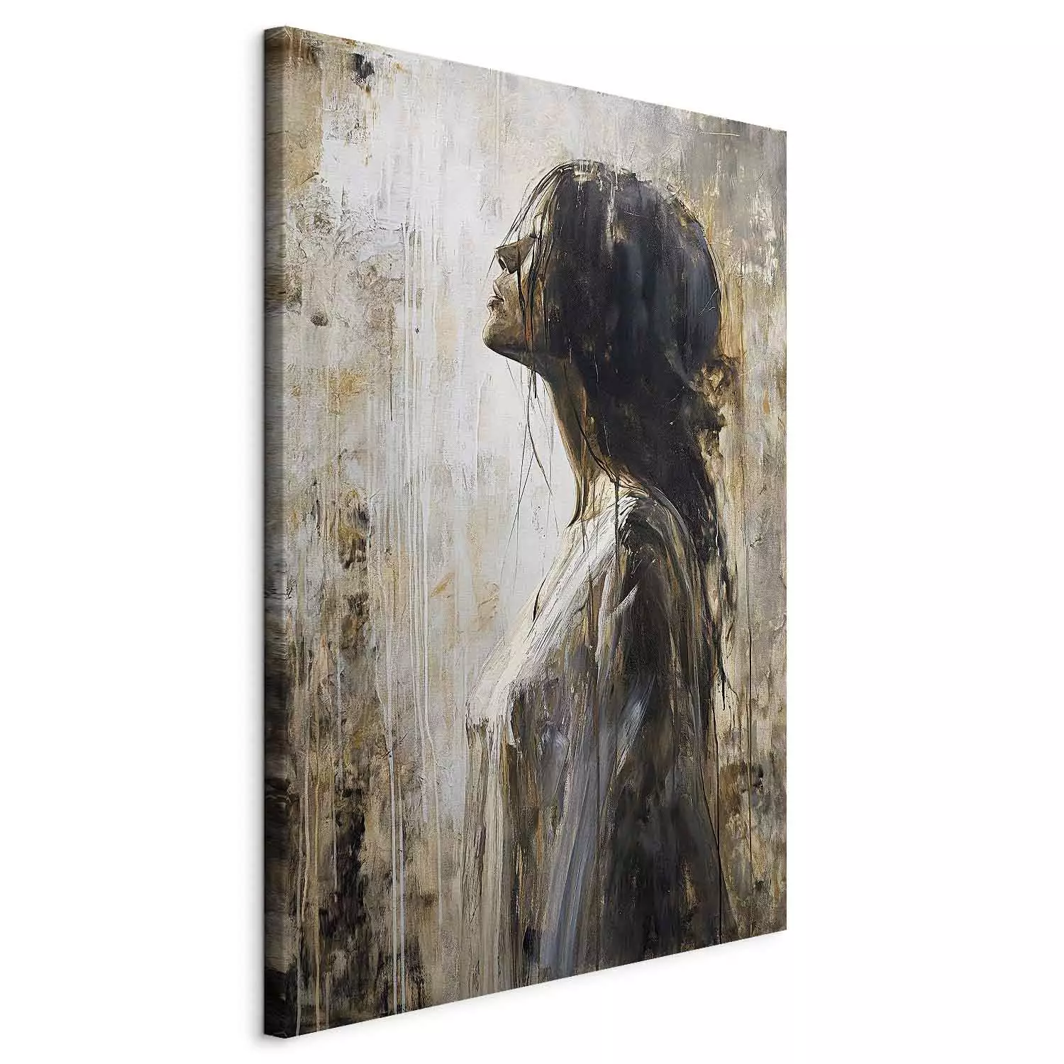 Large canvas print Held Breath - Expressive Portrait of a Woman in Shades of Brown and White