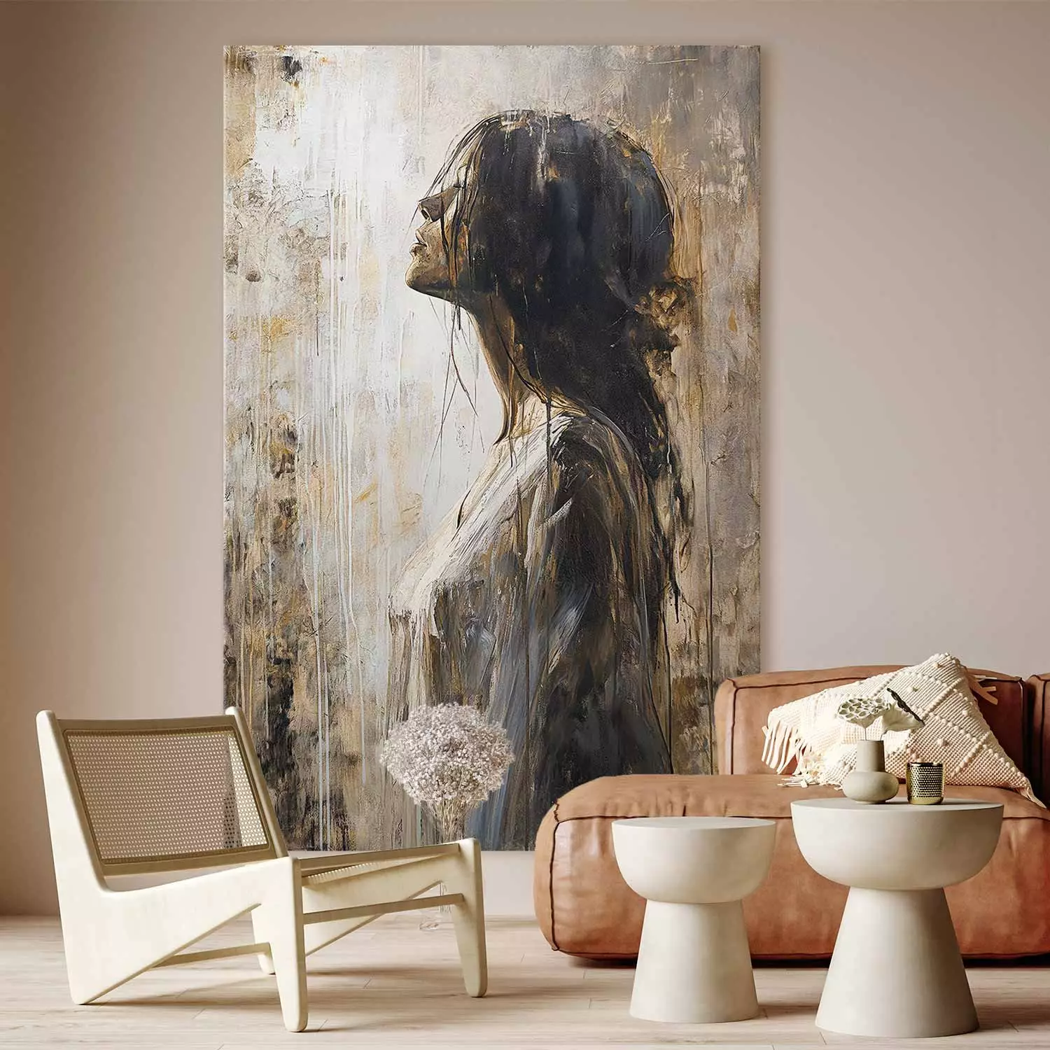 Large canvas print Held Breath - Expressive Portrait of a Woman in Shades of Brown and White