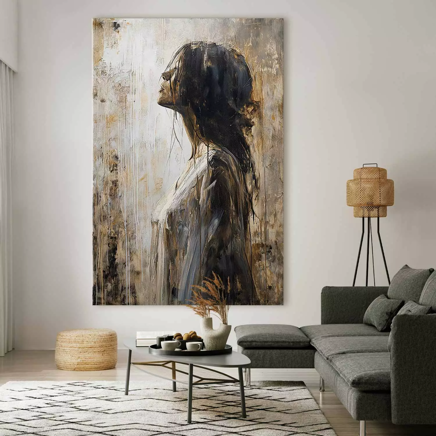 Large canvas print Held Breath - Expressive Portrait of a Woman in Shades of Brown and White