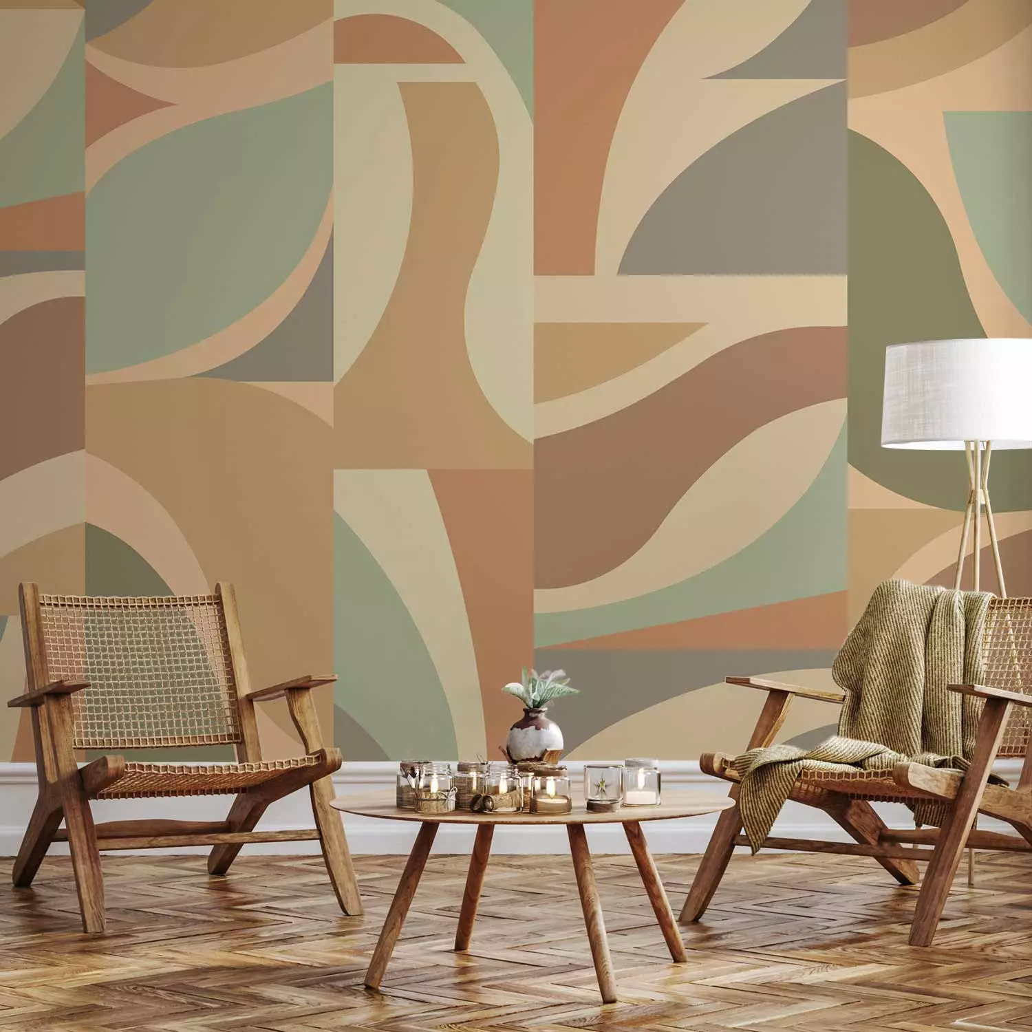 Wall Mural Beige Retro - Abstract, Geometric Shapes in Warm Vintage Shades  - bimago, image size:1500x1500