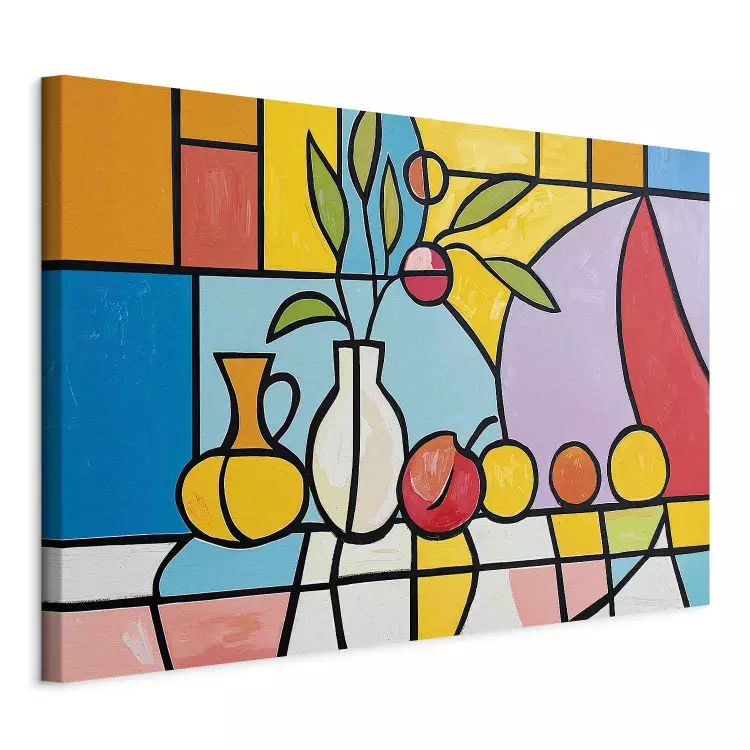 Picasso Inspirations - Vase and Fruit on a Table with a Colored Tablecloth