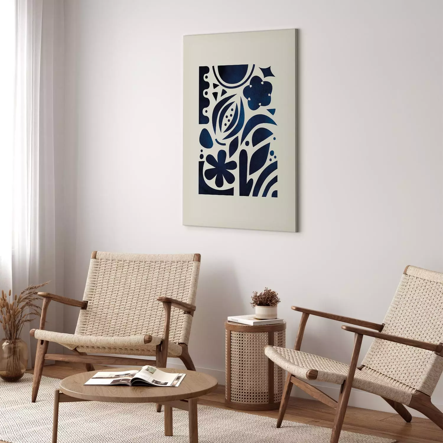 Canvas Art Print Night Garden - stylized flowers and leaves in dark blue tones