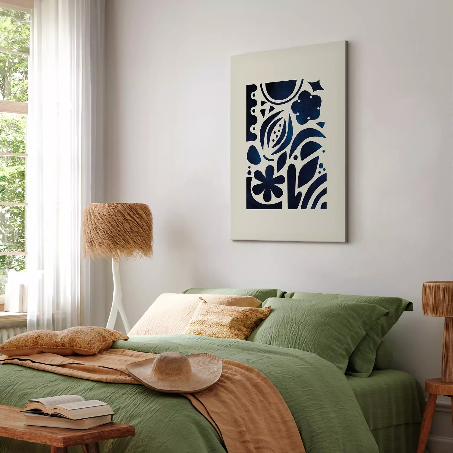 Canvas Art Print Night Garden - stylized flowers and leaves in dark blue tones