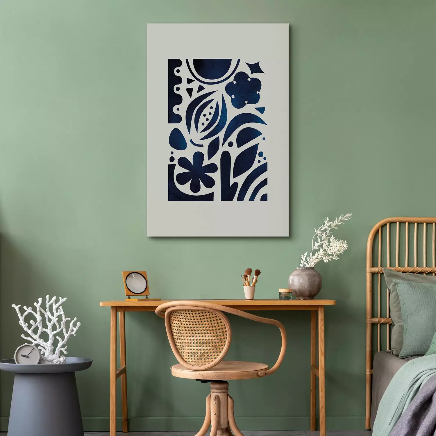 Canvas Art Print Night Garden - stylized flowers and leaves in dark blue tones