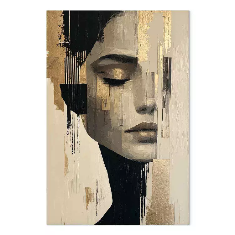 Golden Silence – female portrait with abstract paint streaks