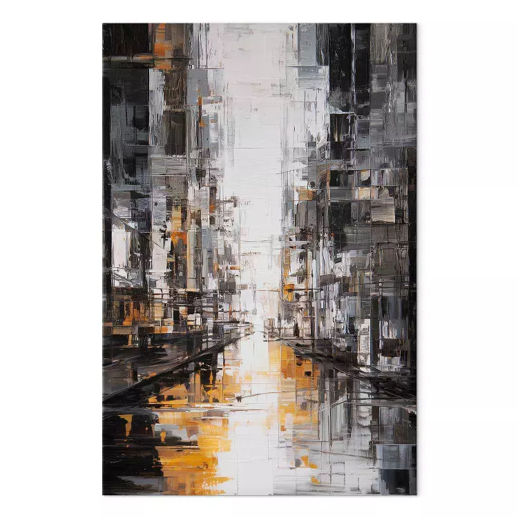 Mirror City – geometric cityscape with yellow glow and water