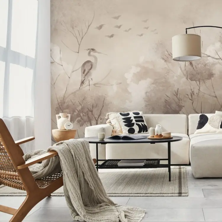 Forest Birds - A tranquil scene with silhouettes of birds and trees in sepia