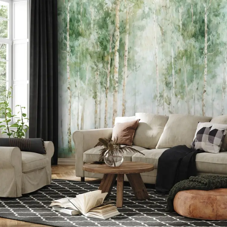 Birch Forest - A delicate watercolor with light tree trunks in a green haze
