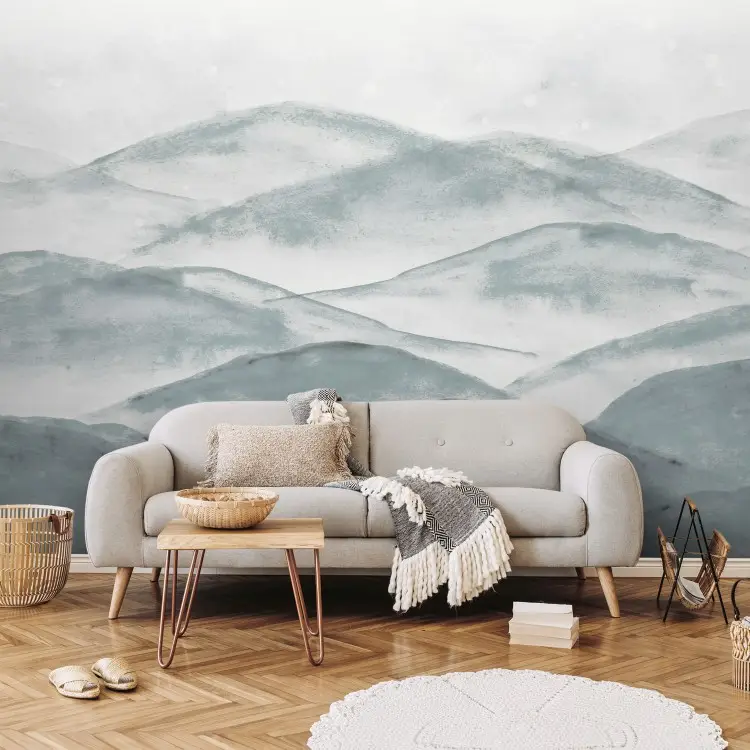 Misty Valley - Layered Hills in Cool Watercolor Mist