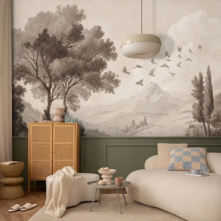 Sepia landscape - tree on a hill with birds above a mountain valley