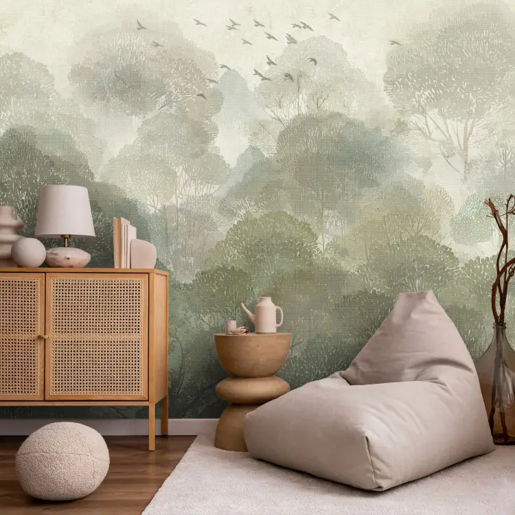 Misty forest - layered treetops and birds above the greenery