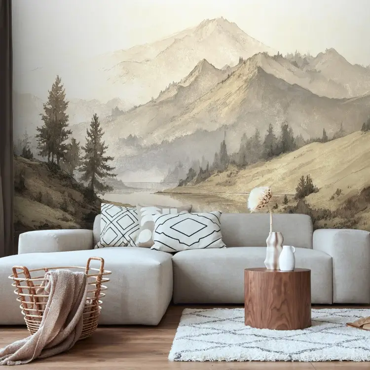 Sepia landscape - picturesque mountains with water and trees in warm tones