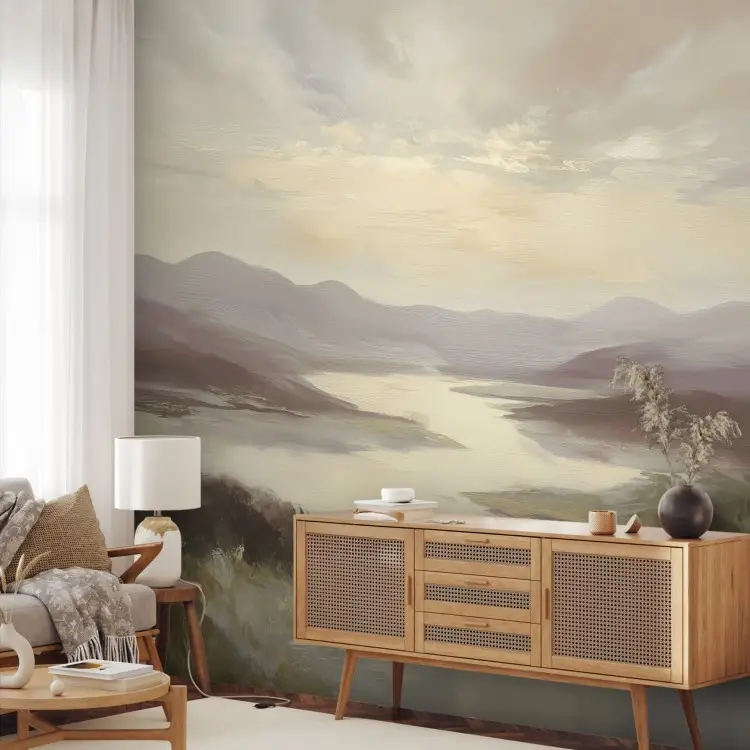 A picturesque river - a peaceful valley in the warm colors of nature