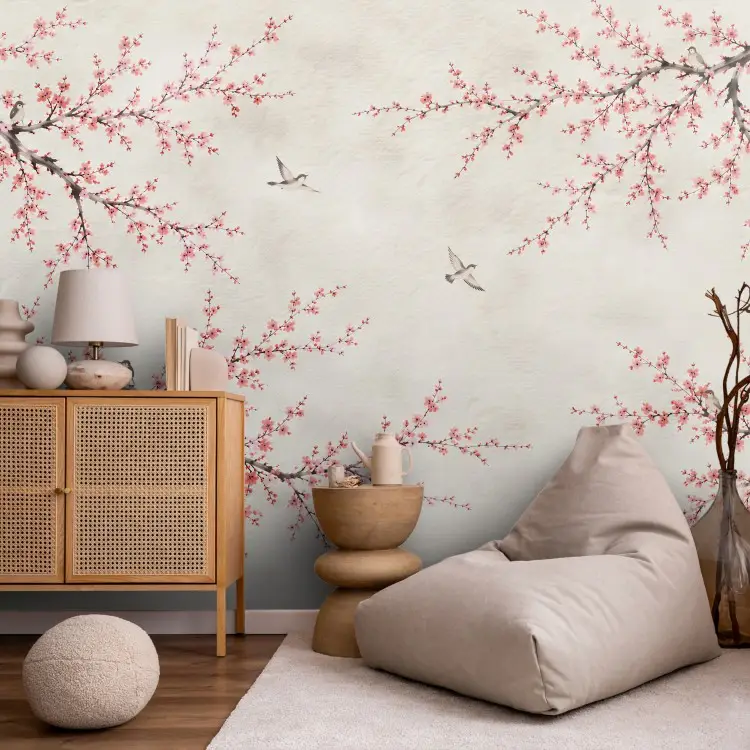 Pink flowers - cherry branches with birds on a light background