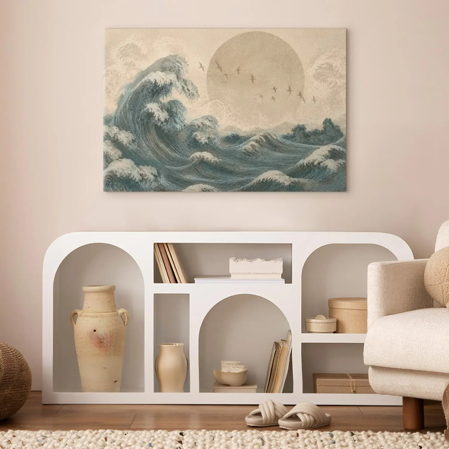 Canvas Painting Japanese wave - the sea element, birds and the