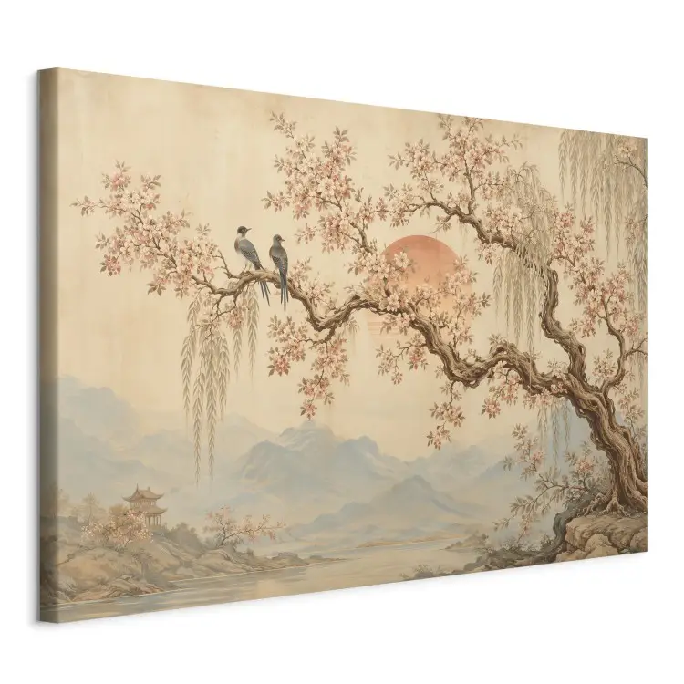 Cherry tree - Japanese landscape birds on a branch red sun