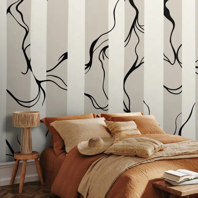 Black twigs - vertical beige stripes in a minimalist composition