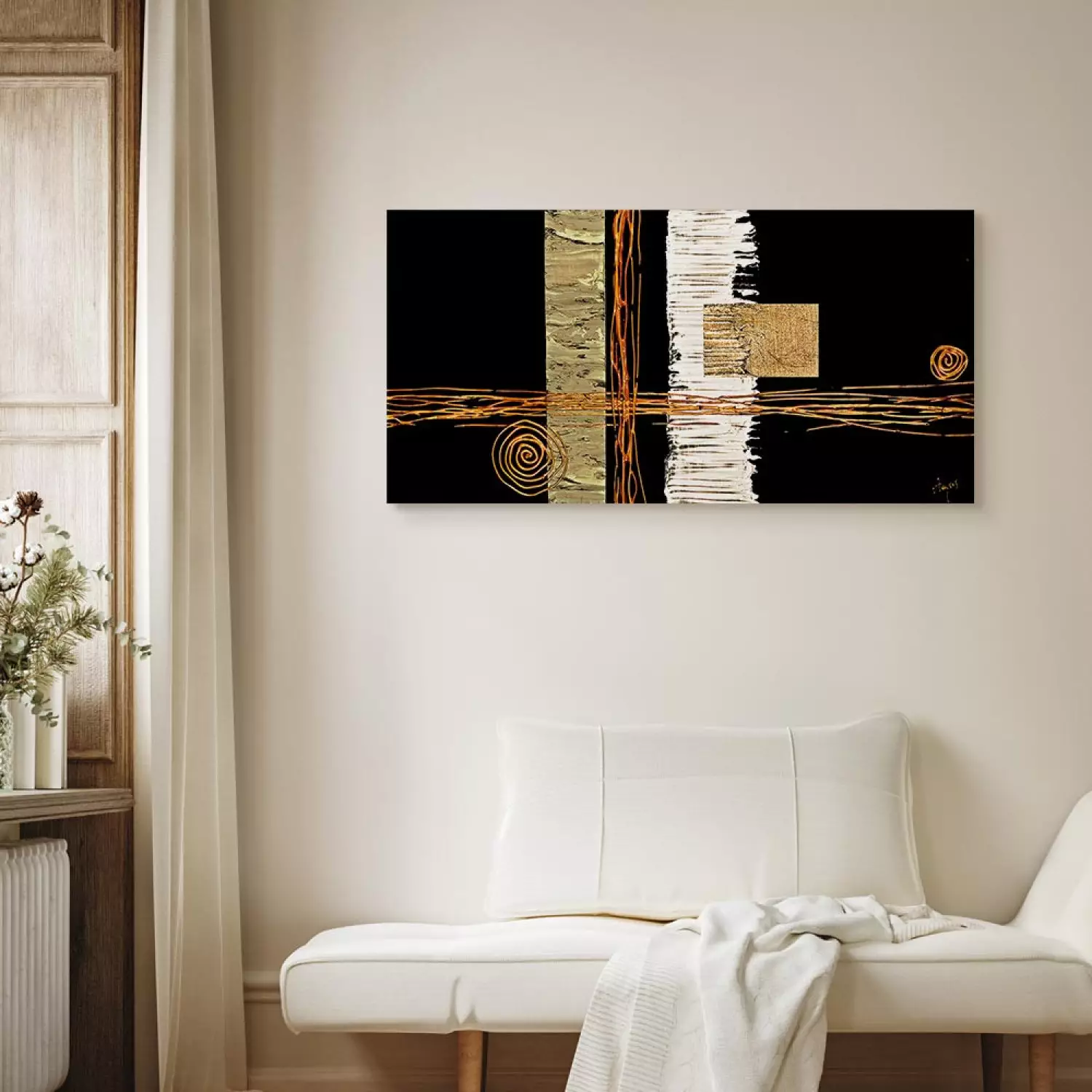 Canvas Print Impression - Abstraction with golden pattern on a black background