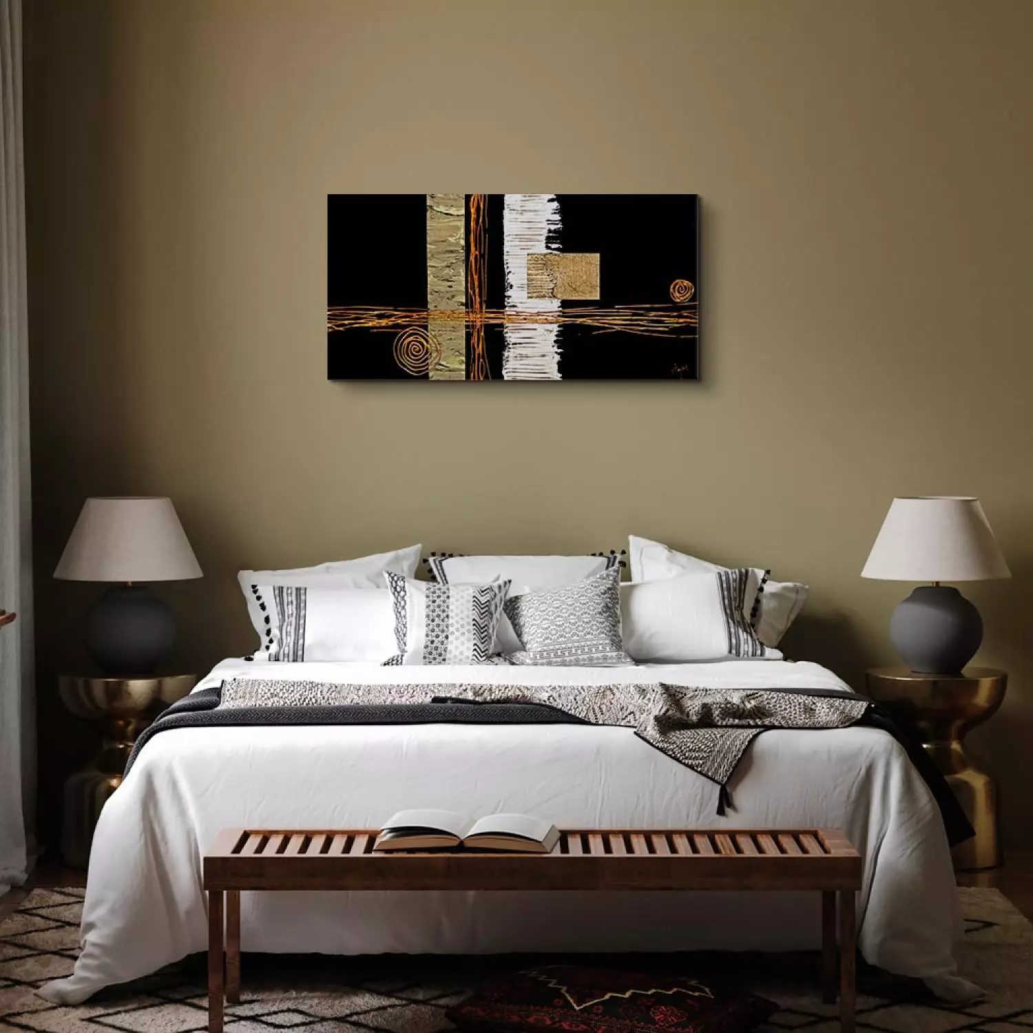 Canvas Print Impression - Abstraction with golden pattern on a black background
