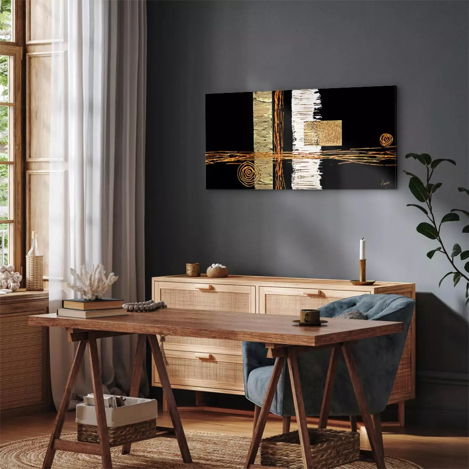 Canvas Print Impression - Abstraction with golden pattern on a black background