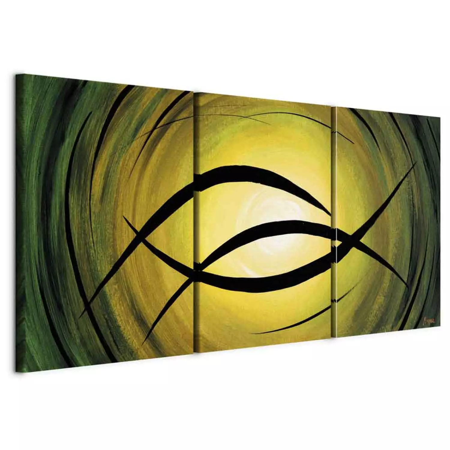 Canvas Fantasy (3-piece) - Abstraction with a black sun on a green background