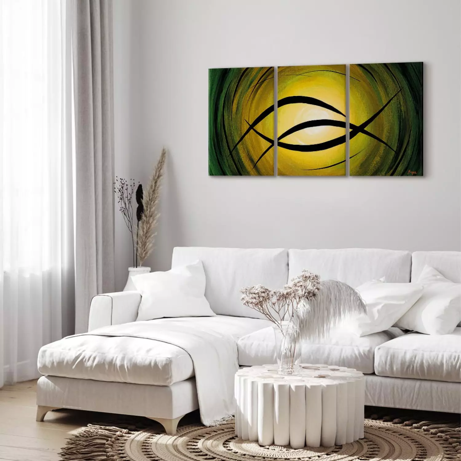 Canvas Fantasy (3-piece) - Abstraction with a black sun on a green background