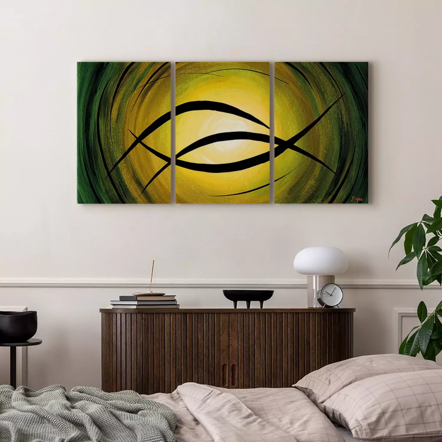 Canvas Fantasy (3-piece) - Abstraction with a black sun on a green background