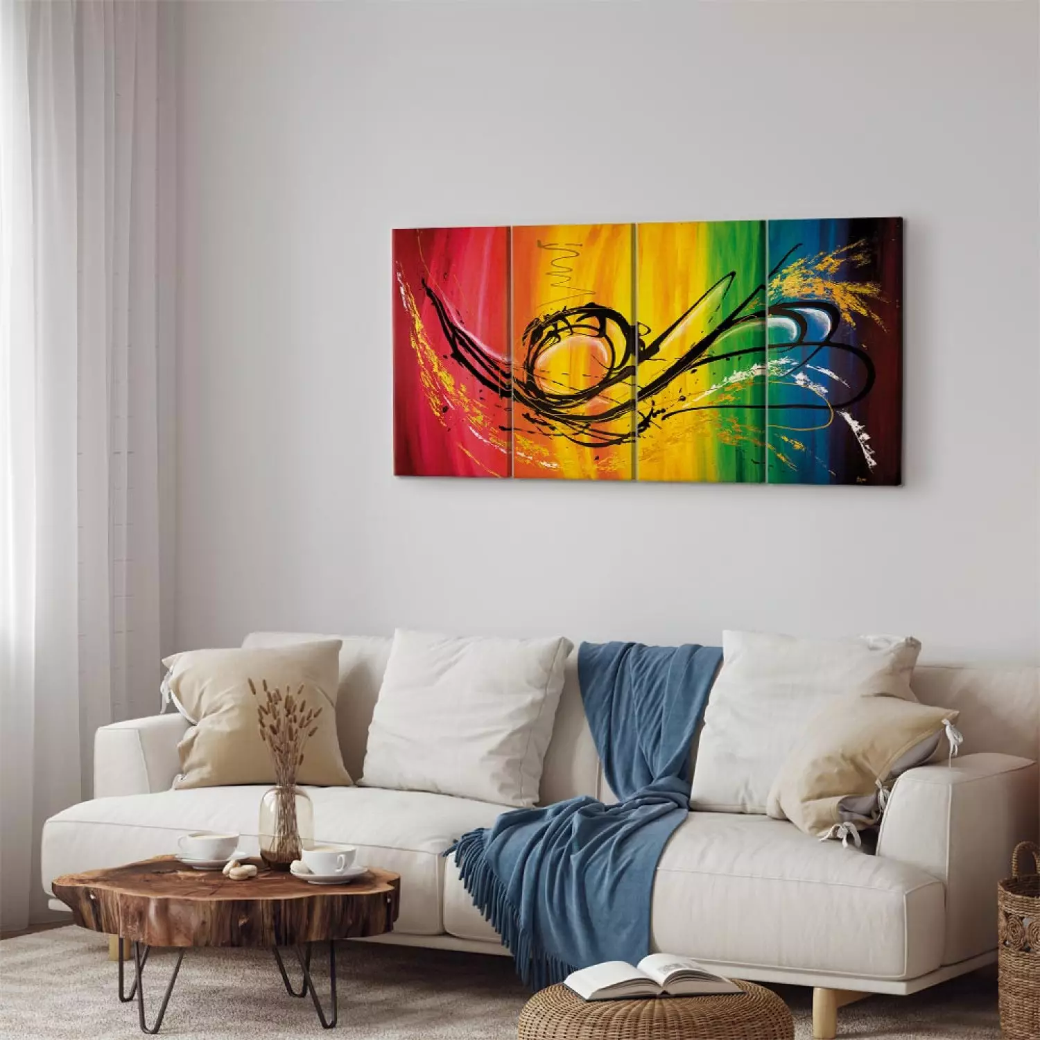 Canvas Rainbow (4-piece) - Abstraction with a black pattern on a colourful background