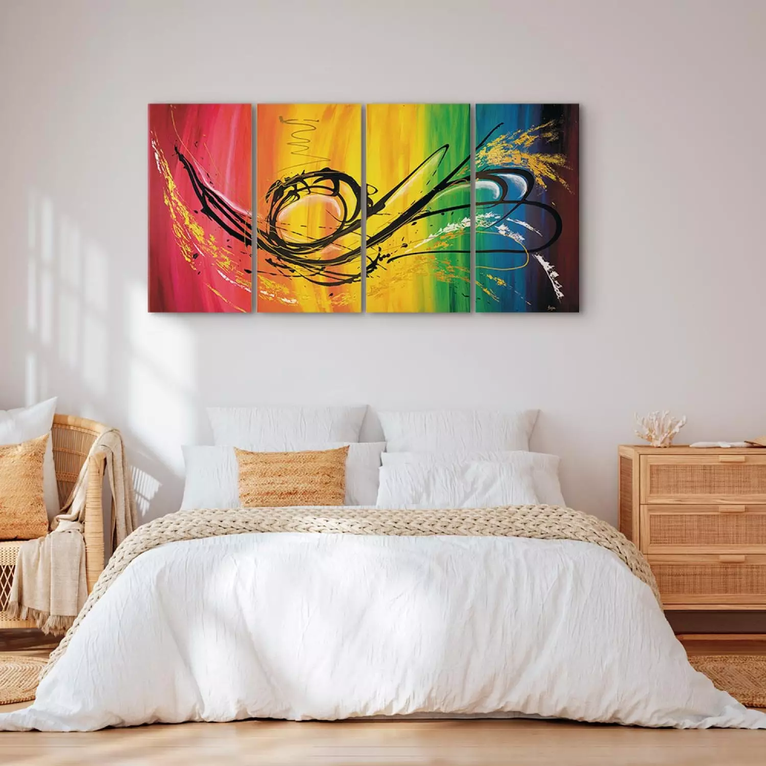 Canvas Rainbow (4-piece) - Abstraction with a black pattern on a colourful background
