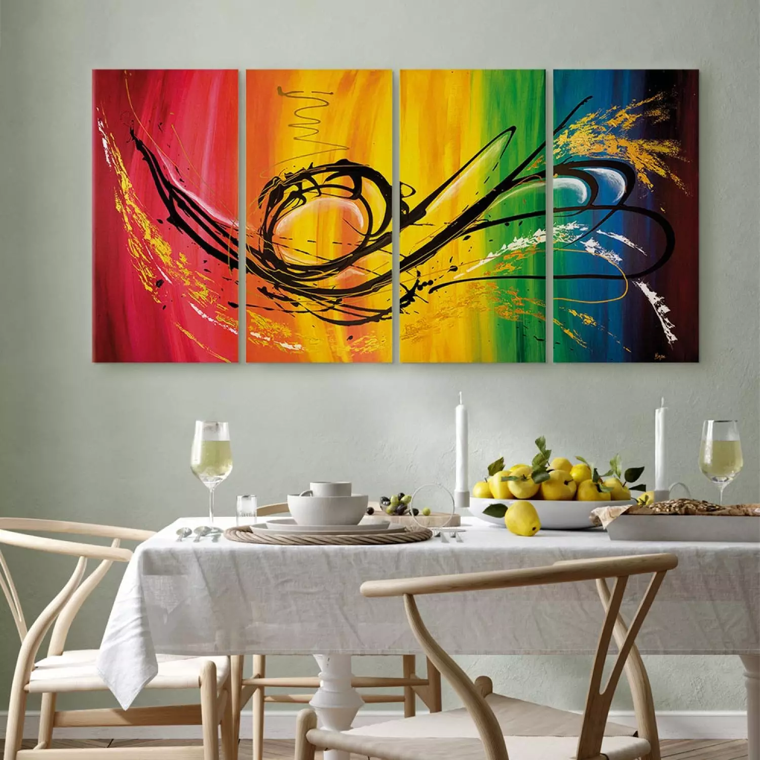 Canvas Rainbow (4-piece) - Abstraction with a black pattern on a colourful background