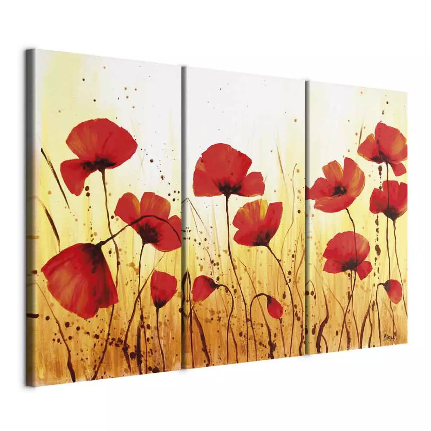Canvas Print Golden Poppy Meadow (3-piece) - Red flowers on a background with splatters