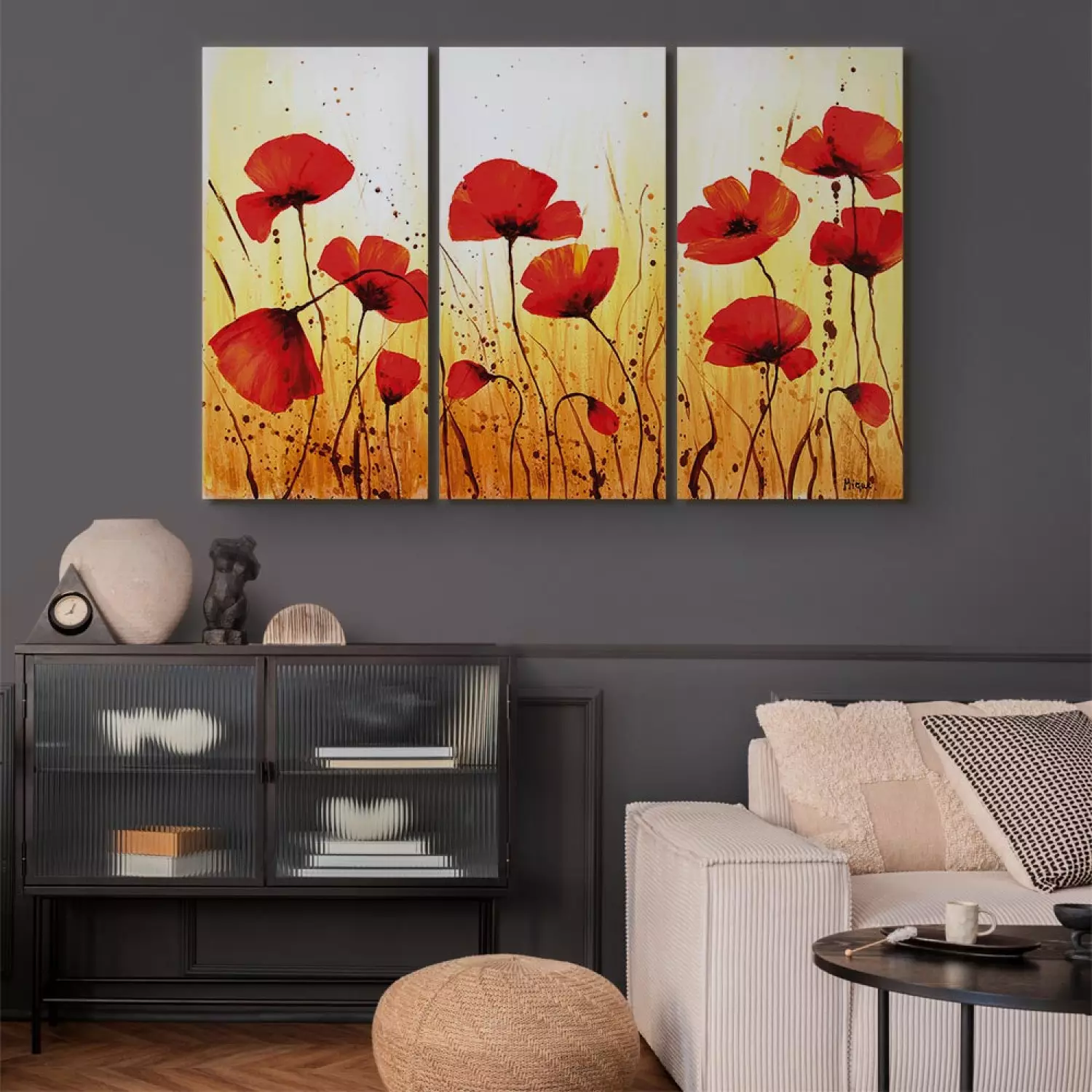 Canvas Print Golden Poppy Meadow (3-piece) - Red flowers on a background with splatters