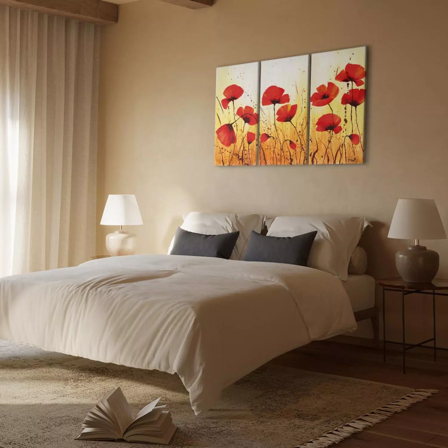 Canvas Print Golden Poppy Meadow (3-piece) - Red flowers on a background with splatters